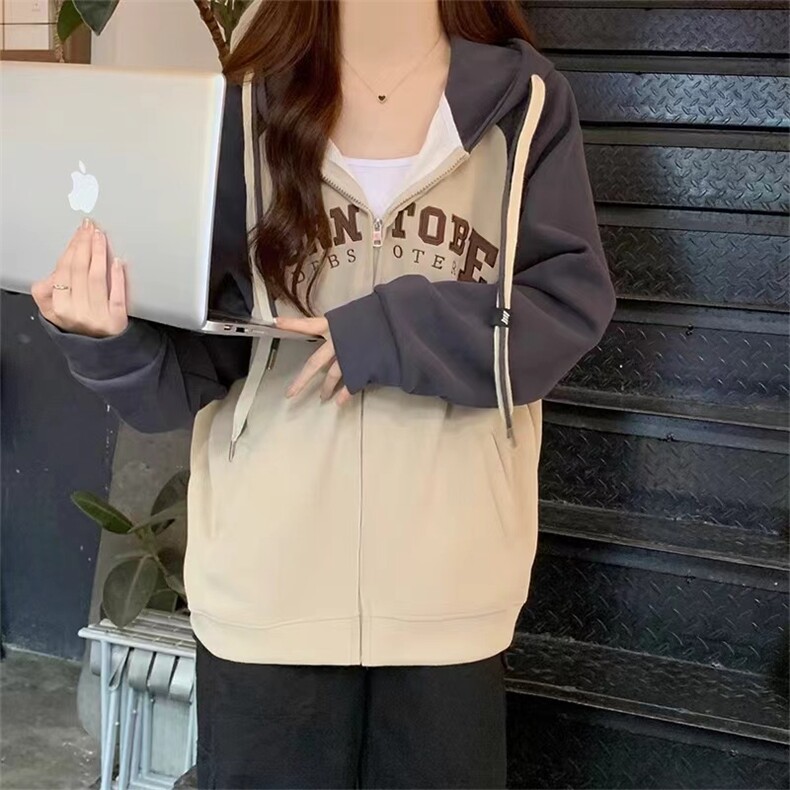 刺绣拉链连帽卫衣外套女春秋美式重磅宽松oversize情侣装开衫上衣,女装卫衣/绒衫,多米女装批发