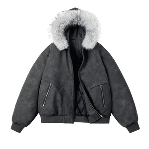 现货 扎染PU皮棉服男冬季加厚连帽棉衣座山雕大毛领外套M090-P120图片