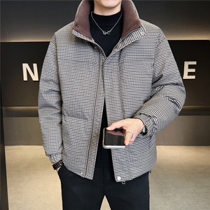 标90男休闲立领羽绒服千鸟格面包服外套上衣A329-YR2563-P280,藕色外套搭配什么鞋子图片