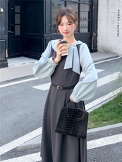 现货款2026春装新款胖妹妹学院风清新气质长款收腰连衣裙女送皮带，女装连衣裙，时尚风爆