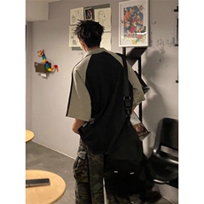 Q368-P40美式复古街头学院风Polo领拼接撞色短袖T恤宽松上衣，男装T恤，星座911-1