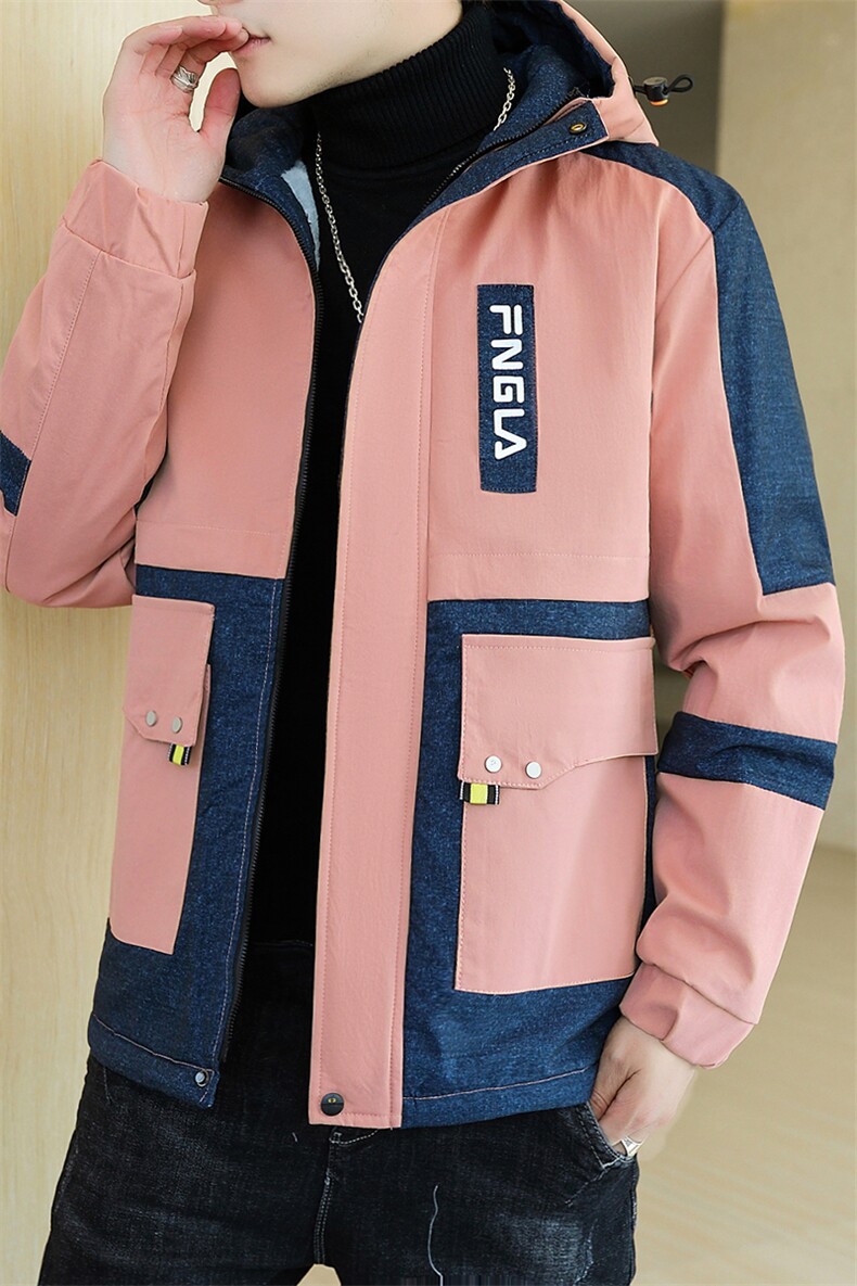 冬季牛仔棉服男模特加厚夹克风衣保暖外套工装棉衣粉色866加绒,男装夹克,星座1207