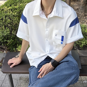 拼接CITYBOY风中性休闲夏季宽松五分袖男短袖衬衫图片