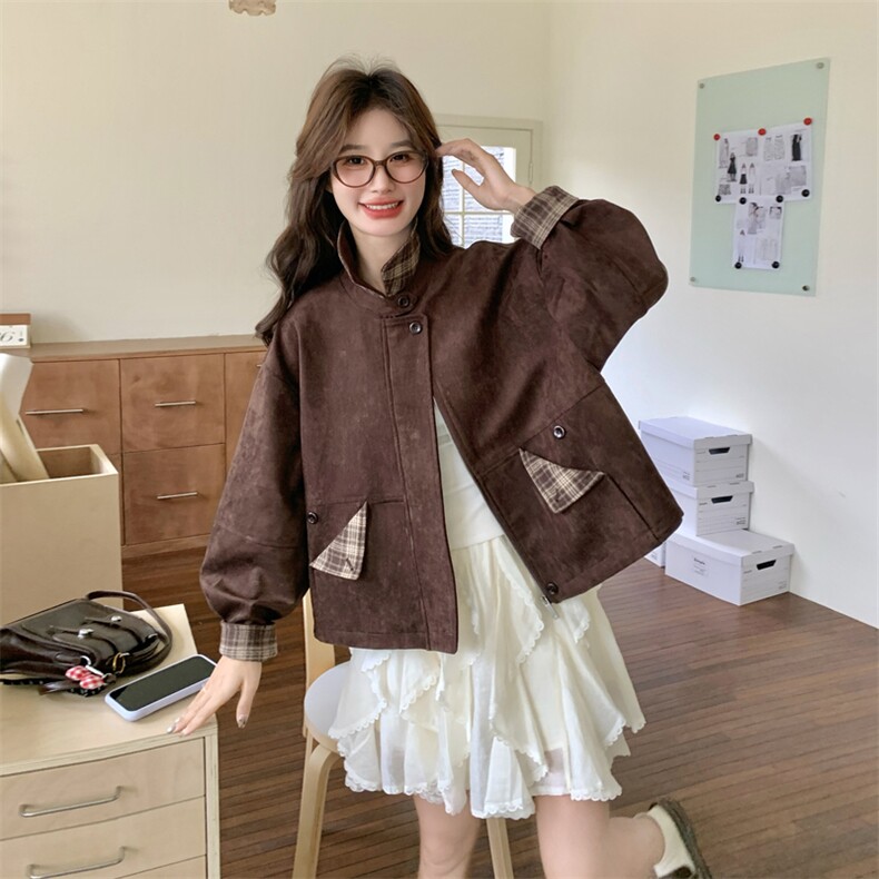 现货2026年新品咖色拼接复古外套0759P155K238,女装短外套,2C201