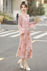 现货2024春装新款时尚潮流简约气质两件套中式盘扣高级感套装套裙，女装套装/套裙，韩然一族