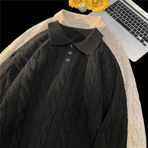 M2506-特P58翻领毛衣套头衫男针织衫宽松麻花外套纯色打底衫图片