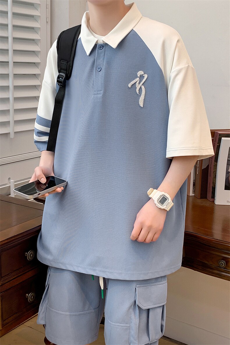 2023夏上新撞色拼接半袖套装刺绣翻领Polo衫男女6625-P65控价88,男装Polo衫,电商A441-1