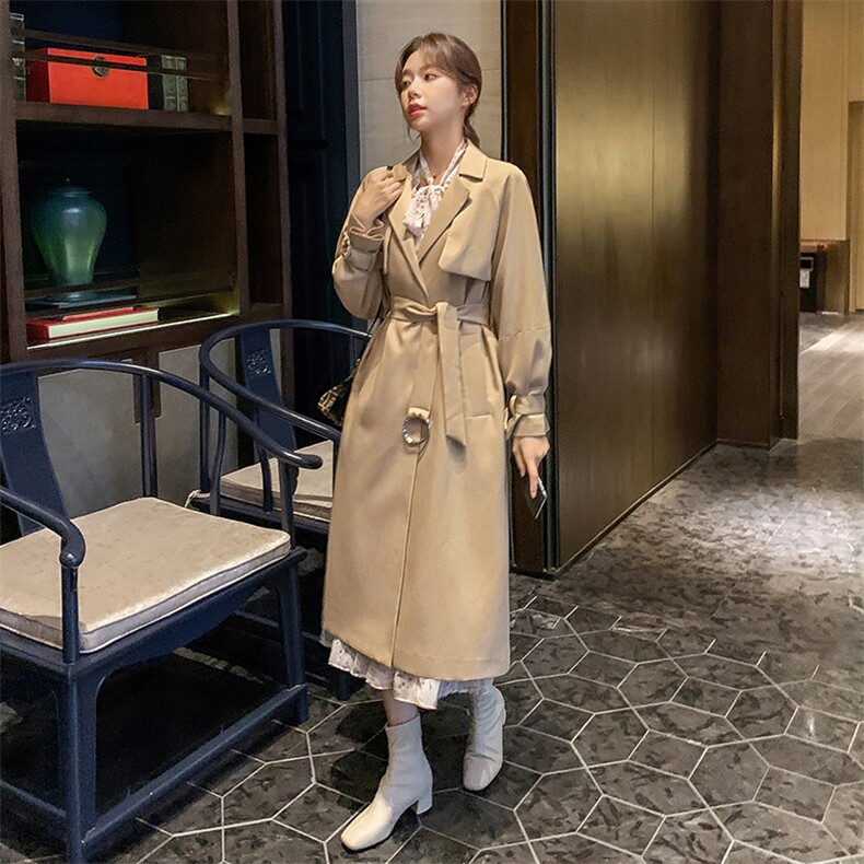 ByYou2025春季新款高级感中长款卡其色风衣外套女英伦风休闲大衣,女装风衣,依多米