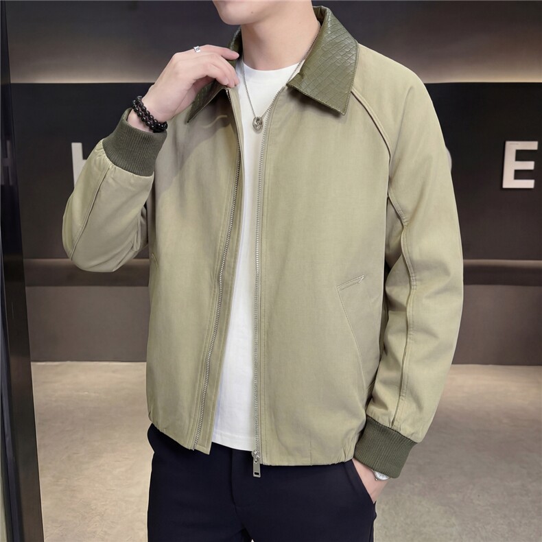 春款2026轻熟风抖音纯色休闲翻领拼皮夹克店主风A236-JK669-P130,男装夹克,电商A236