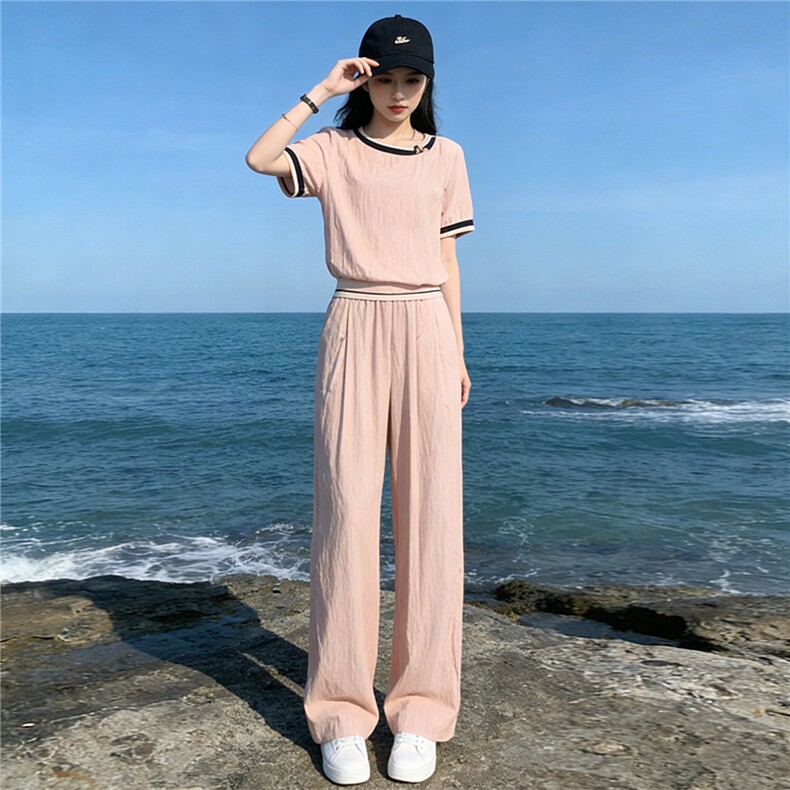 时尚潮流休闲套装女夏季新款高级感显瘦收腰拼接短袖阔腿裤两件套，女装套装/套裙，江南