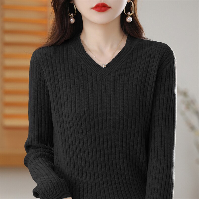 纯棉线针织打底衫女V领长袖套头加厚保暖内搭短上衣2025新款毛衣，女装针织衫/毛衣，斯美雅电商供货