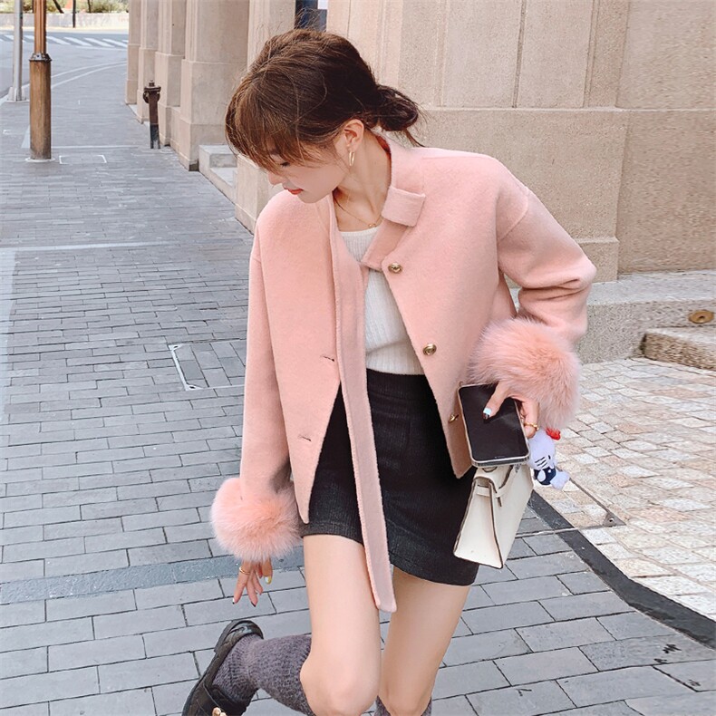 毛呢外套女2024秋冬新款小个子高级感短款千金风粉色双面羊毛大衣，女装双面呢大衣，千寻