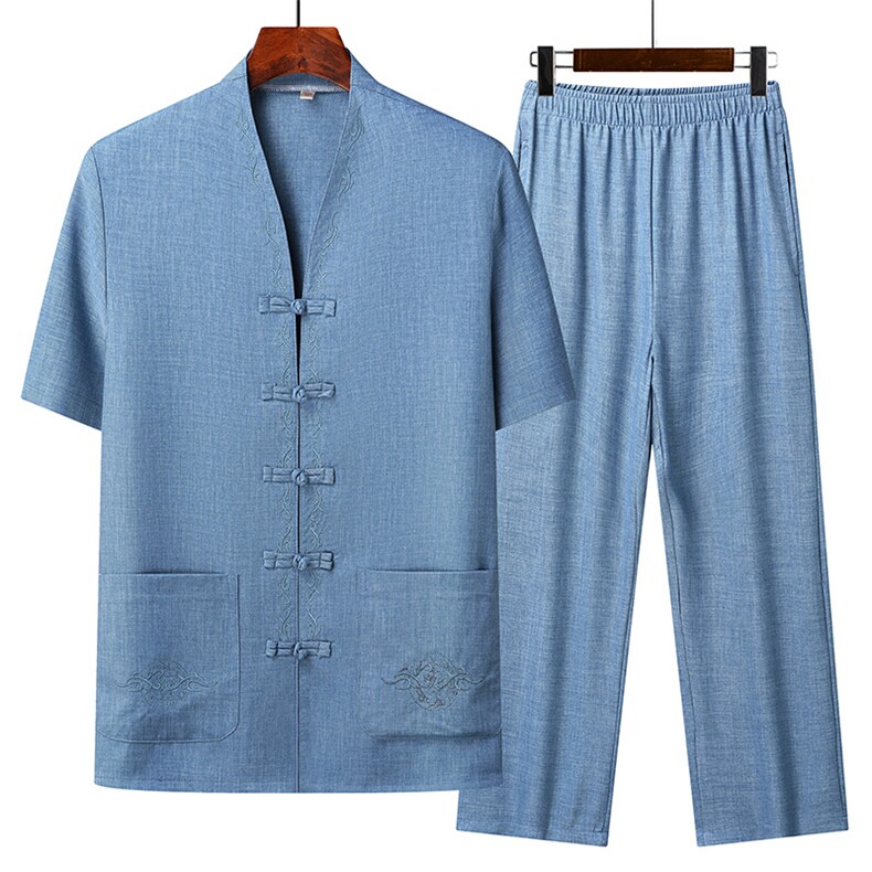 2025夏季薄款高端风绣花冰丝短袖衬衫唐装汉服套装802-P75,男装衬衫,星座1105-3