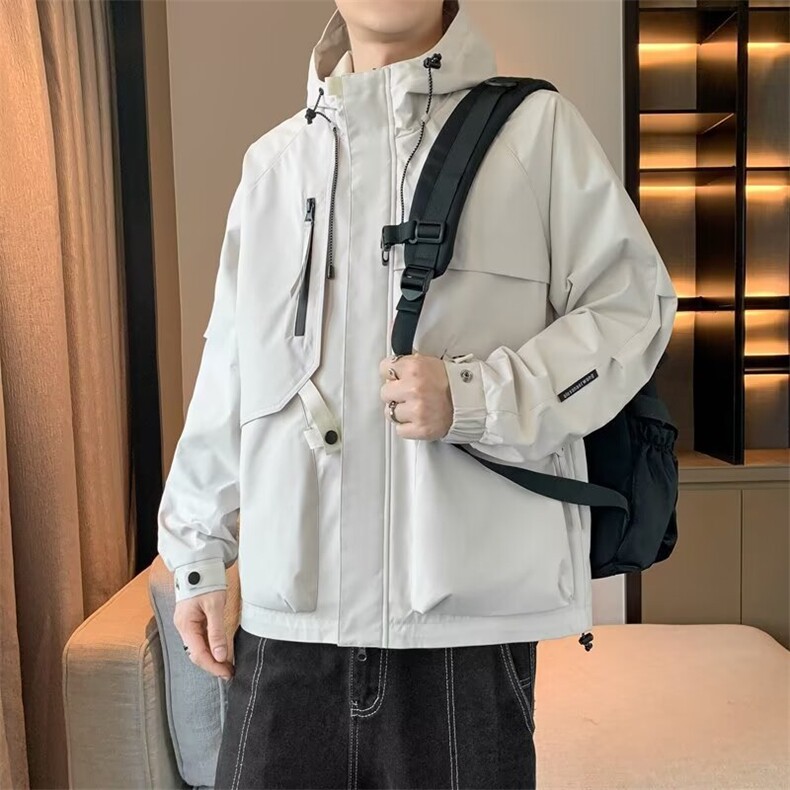 秋季运动户外机能冲锋衣夹克男纯色宽松潮牌防风连帽工装外套JKL7图片