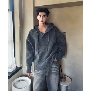 深灰色cleanfit连帽毛衣男秋冬美式复古针织衫韩系慵懒风宽松外套图片