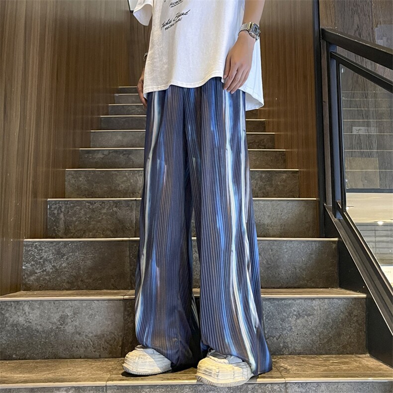 港风夏款男冰丝百褶皱条纹扎染宽松拖地直筒长裤h167P40,男装休闲裤,星座1013-1