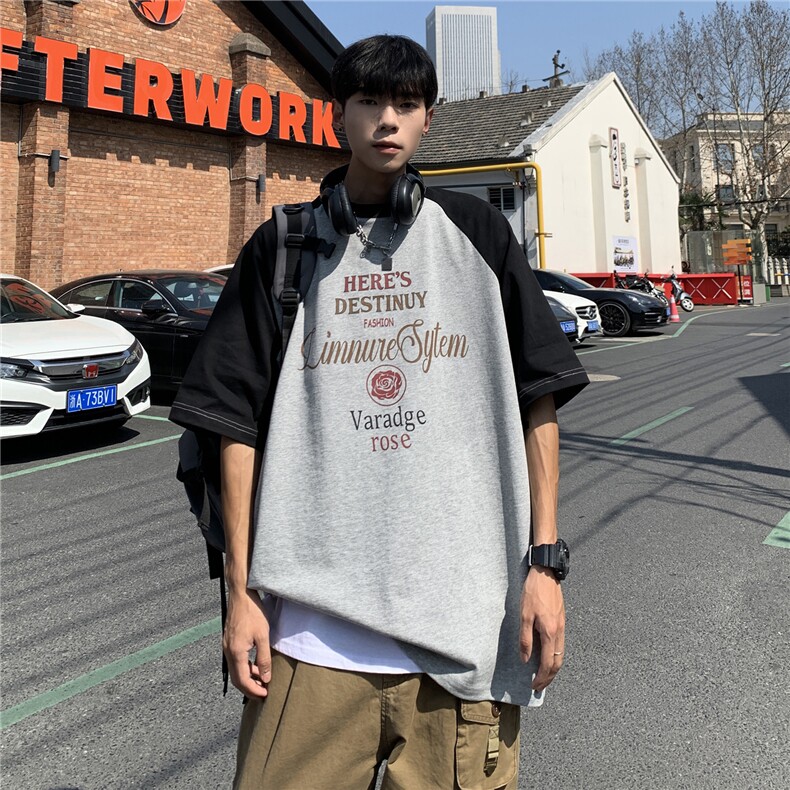 港风夏装拼接插肩袖情侣印花短袖T恤衫宽松上衣男G1053P35,男装T恤,电商A339