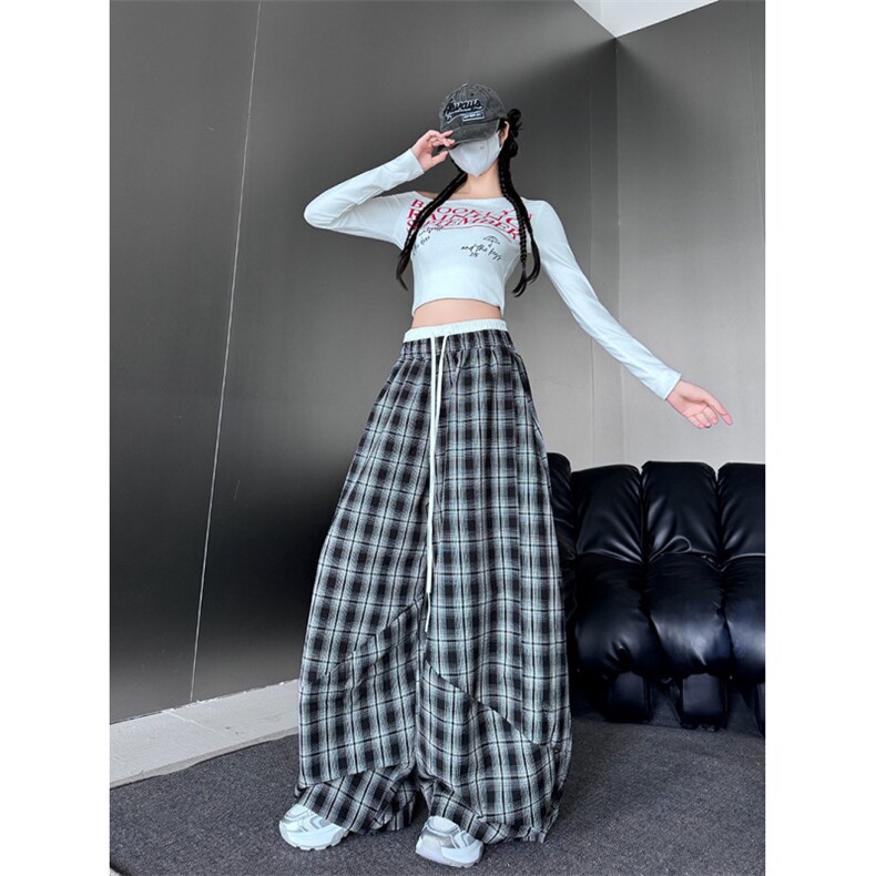 美式复古慵懒风百搭格子裤男女爵士舞双腰头拼接宽松阔腿裤,男装休闲裤,星座410-6（原星座1304-1）