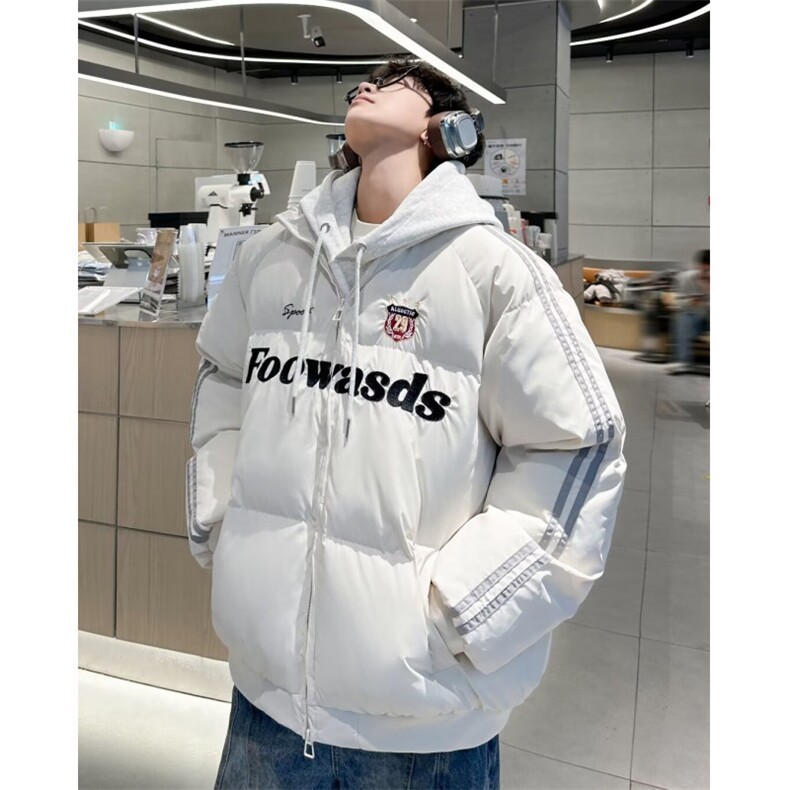 字母绣花棉服男冬复古条纹加厚运动面包服款棉衣外套 M9093图片
