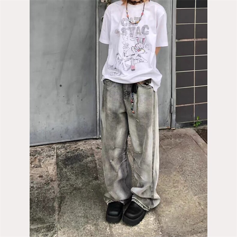 潮牌做旧直筒阔腿裤宽松复古牛仔裤-NZ614-网络图图片