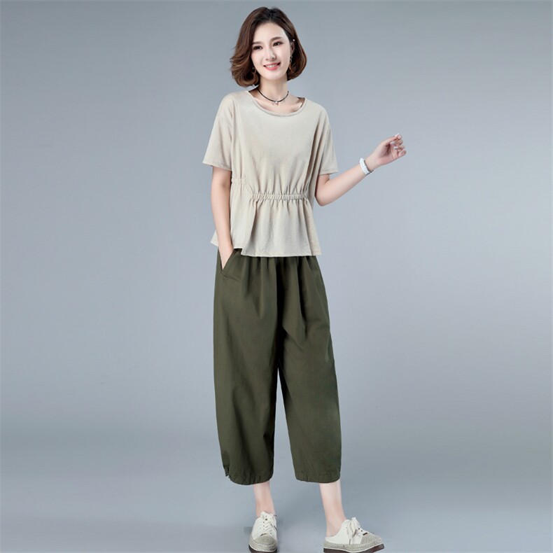 2025夏季新款中年妈妈小个子棉麻套装宽松休闲薄款洋气减龄两件套图片