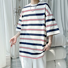 夏季潮流条纹宽松圆领短袖T恤男女百搭上衣T3602-P30【特价】，男装T恤，电商A007