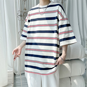 夏季潮流条纹宽松圆领短袖T恤男女百搭上衣T3602-P30【特价】图片