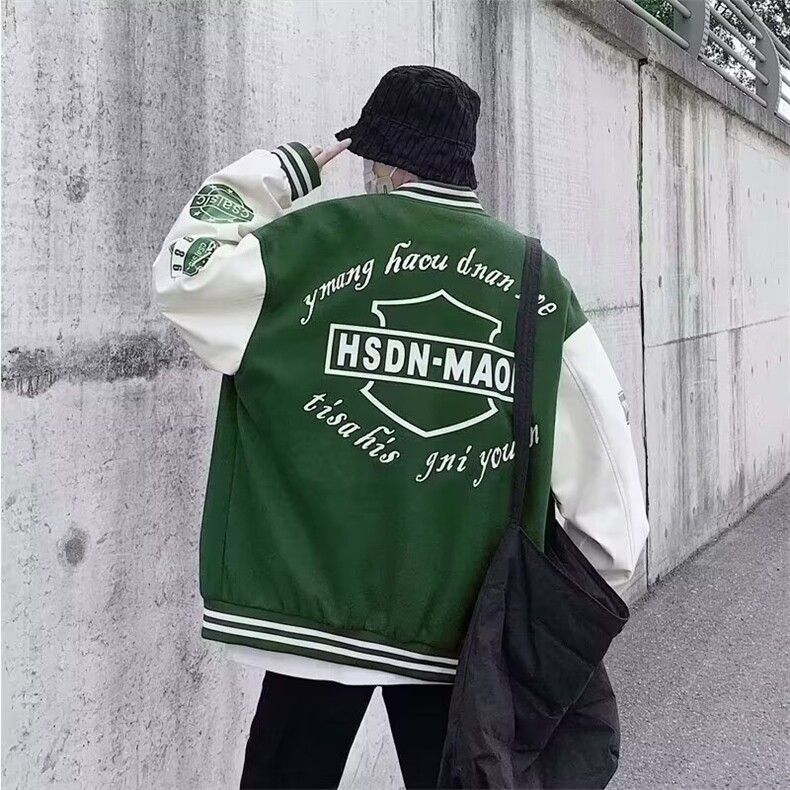 美式复古毛呢拼皮夹克男2024新款日系潮流宽松棒球服外套J676,男装夹克,星座1116A-1（原606A）