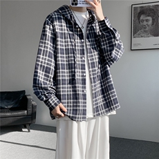 连帽格子衬衫男春季宽松大码慵懒风复古潮牌格纹休闲外套CS29011，男装衬衫，电商B312
