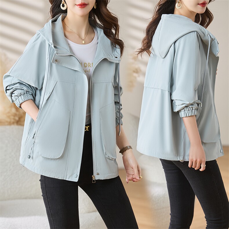 时尚休闲连帽短款风衣外套女2025春秋新款百搭显瘦派克服夹克上衣，女装风衣，慕咨