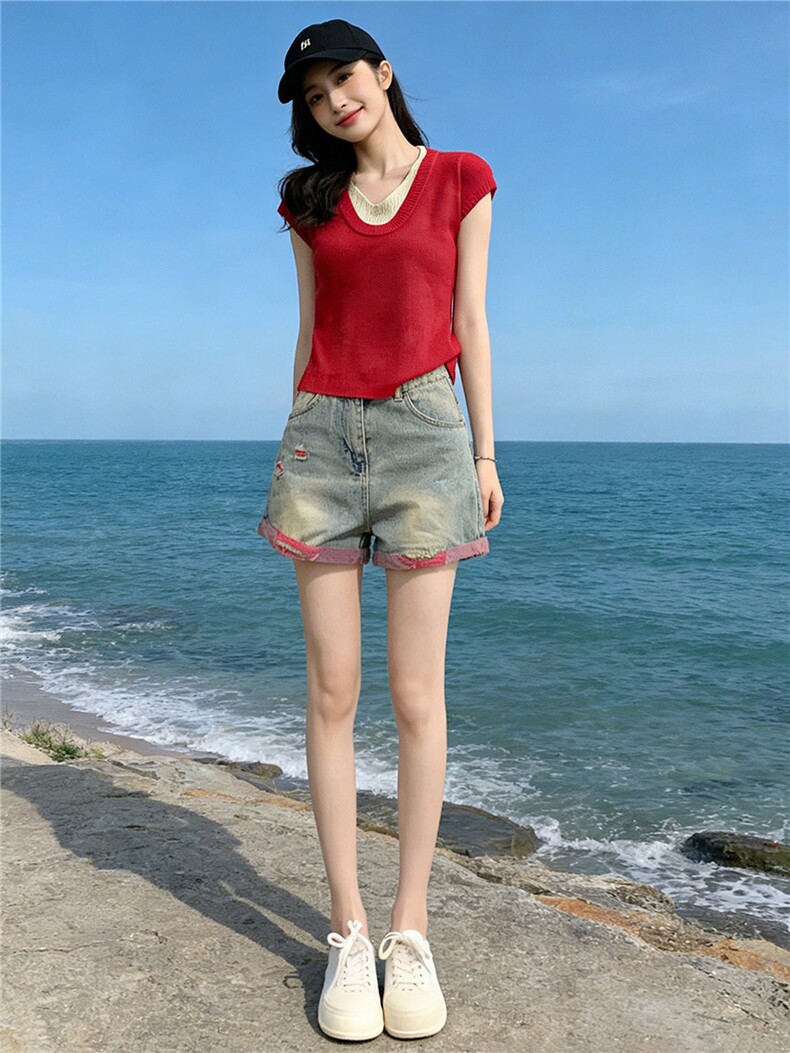 时尚简约套装女夏收腰显瘦撞色拼接短袖针织衫破洞牛仔短裤两件套,女装套装/套裙,江南
