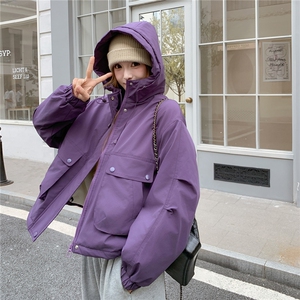 紫色设计感冲锋衣派克服羽绒棉服女冬季2025新款加厚加绒棉袄棉衣图片