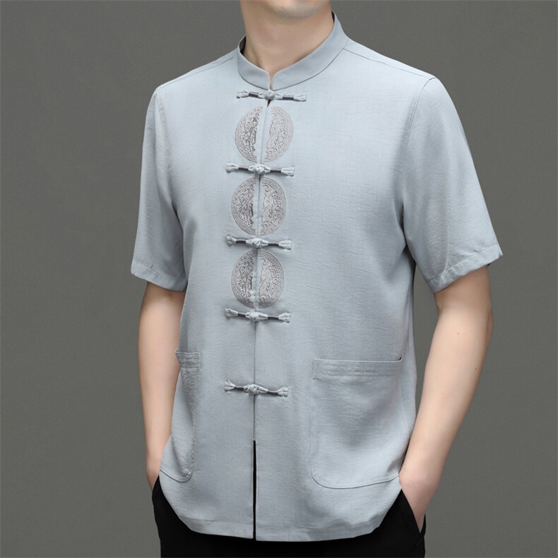 风男装练功服刺绣唐装中老年人爸爸夏季短袖爷爷冰丝太极服男,男装民族服装,电商B212（原钱塘6029）