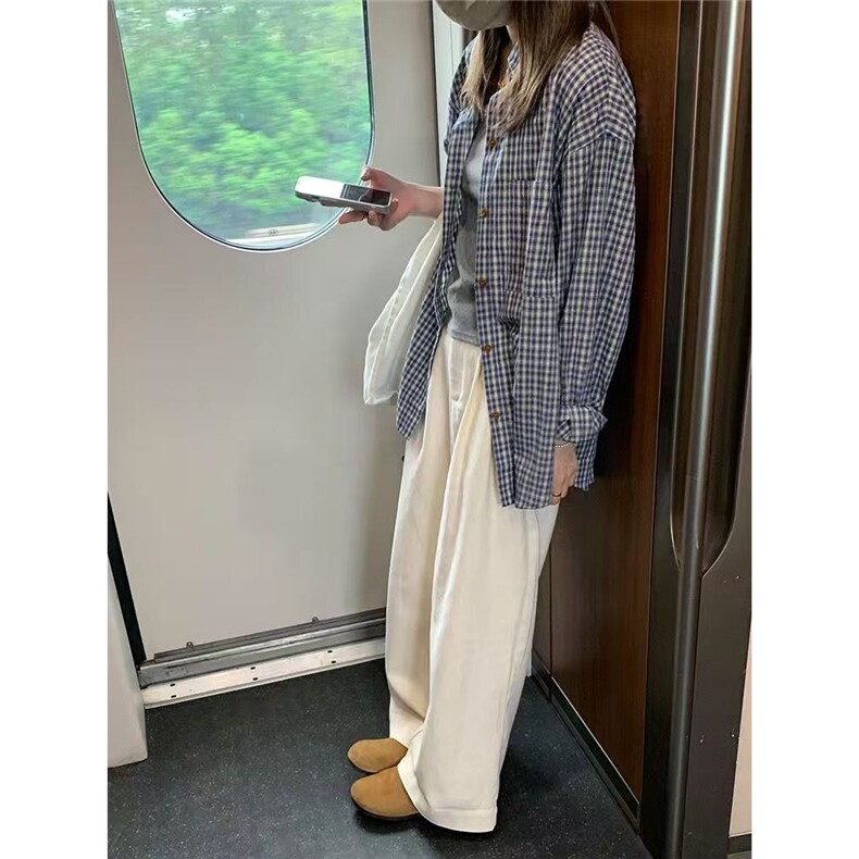 美拉德复古格子撞色长袖衬衫女2025年早春新款设计感小众宽松外套,男装衬衫,星座1210-1