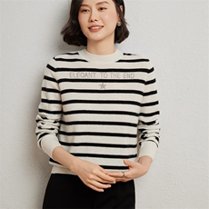 时尚优雅女士条纹衫10%保暖舒适修身显瘦打底衫，女装羊绒衫，臻维羊绒