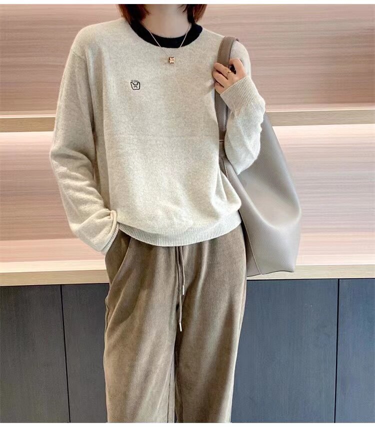 时尚百搭拼色刺绣圆领针织衫女春秋宽松毛衣撞色羊毛打底衫,针织衫/毛衣,半城羊绒