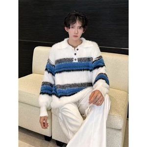 韩版水貂绒毛衣男冬季高级慵懒风设计款马海毛扎染撞色针织polo衫图片