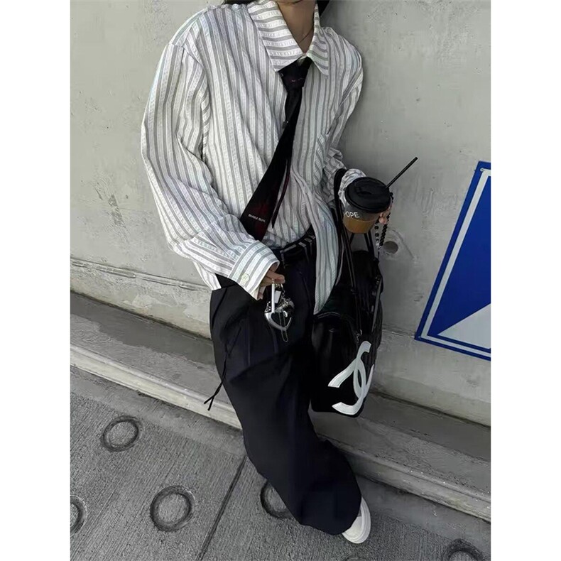 美式潮牌高街复古泡泡纱竖条纹日系肌理长袖衬衫男女休闲宽松衬衣,男装衬衫,电商A486