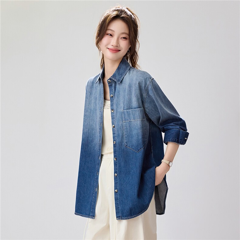 2026年春季新款时尚渐变色单口袋牛仔衬衫女宽松长袖翻领外套衬衣,女装衬衫,艾米