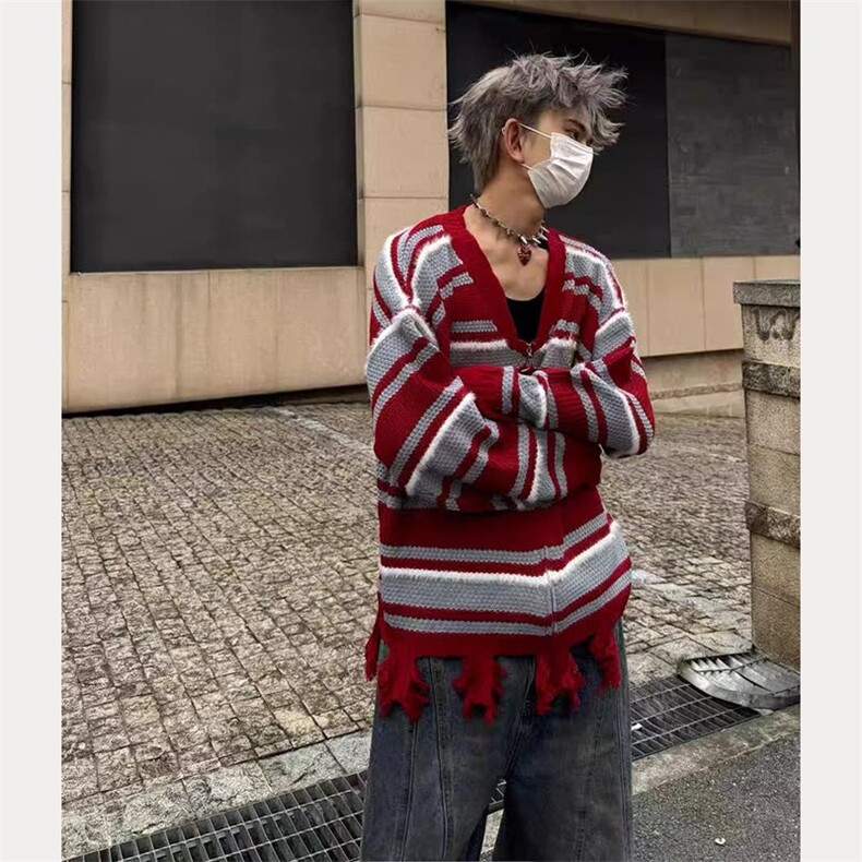 秋冬季新款美式复古条纹破坏感针织衫男女宽松休闲情侣开衫毛衣潮图片