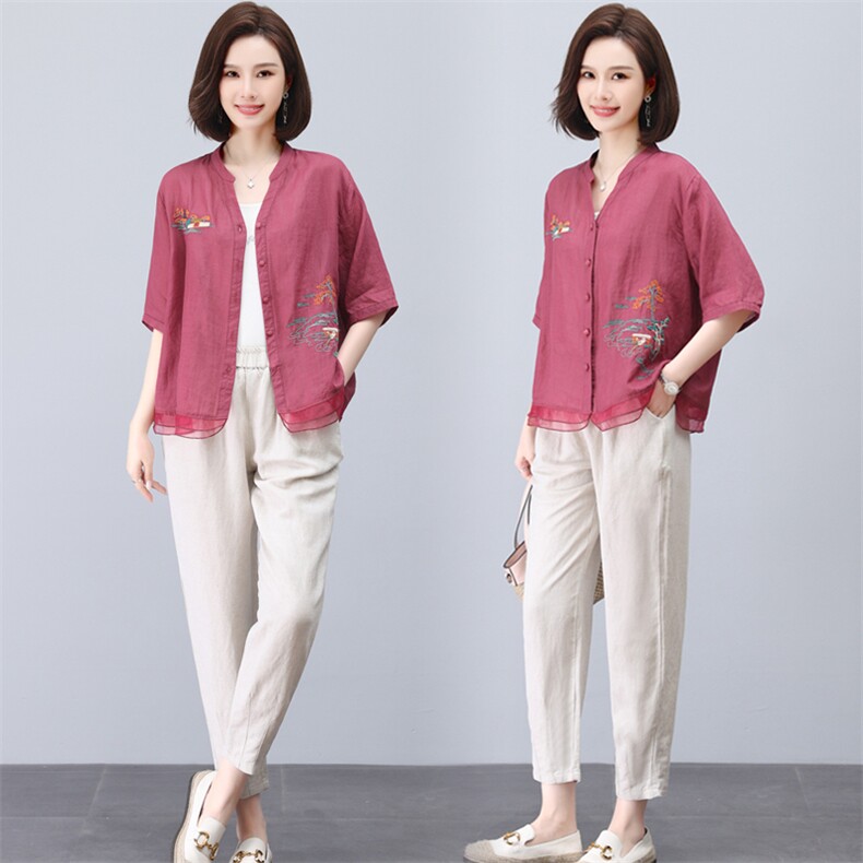 100%纯苎麻中老年棉麻衬衫上衣妈妈洋气小衫2025新款夏装女士衬衣，女装套装/套裙，璐依舞