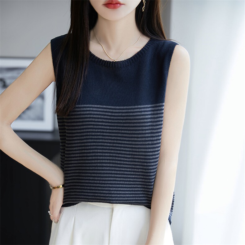 天丝亚麻针织吊带背心女2025夏内搭无袖简约条纹T恤圆领百搭上衣,女装T恤,朝思羊绒