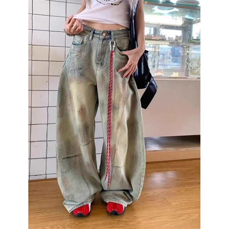 潮嘻哈废土泥染做脏牛仔弯刀裤子女情侣宽松长裤女休闲裤NB3153,男装牛仔裤,星座1116A（原606A-3）
