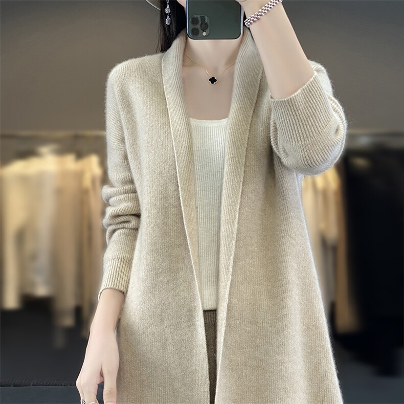 V领中长款100%羊毛开衫大衣女25秋冬宽松慵懒羊绒衫针织毛衣外套,女装羊毛衫,优麦羊绒（原洪叶羊绒）