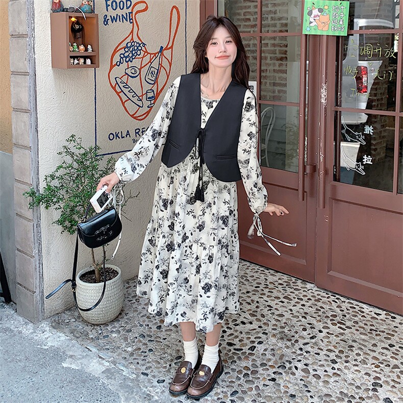 法式轻熟风碎花连衣裙套装女春秋2025新款高级感马甲长裙两件套潮,女装套装/套裙,2C056