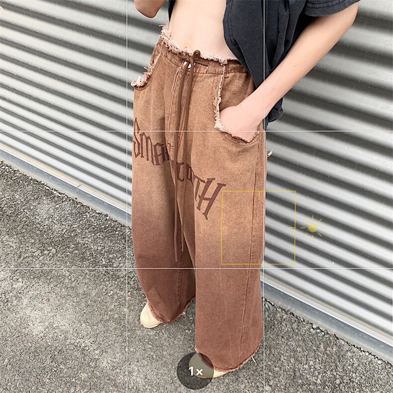 美式复古毛边设计感直筒牛仔裤长裤棕色阔腿裤子N06045-P50图片