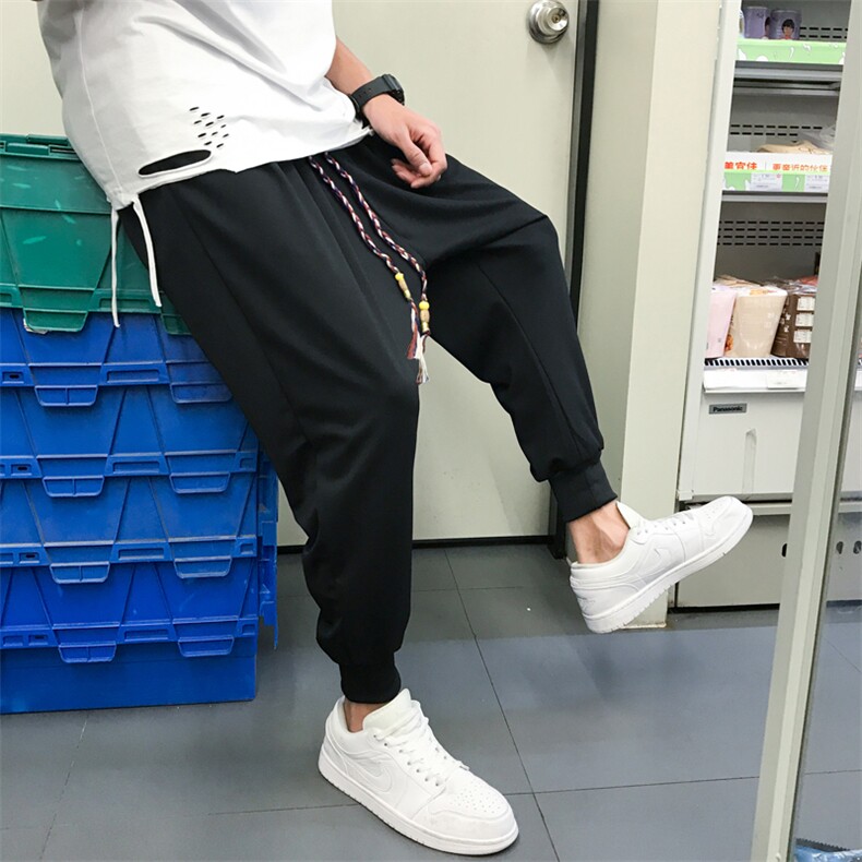纯黑九分大裆裤男束脚裤宽松低裆垮裤大码吊裆哈伦裤2435纯黑-P30,男装休闲裤,星座207