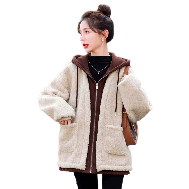 羊羔绒皮毛一体短外套2023冬季新款韩版带帽拼接假两件宽松棉衣,女装棉衣/棉服,瑶迪依秀