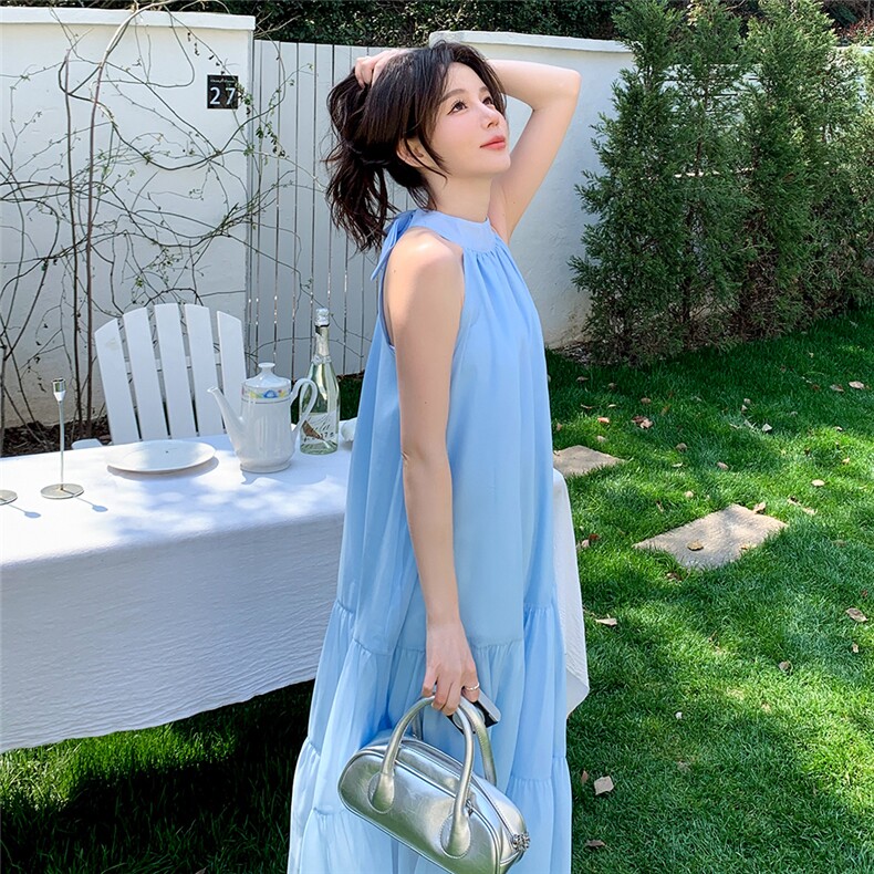 现货蓝色挂脖甜美连衣裙2C206-L266-P125-K178,女装连衣裙,2C206