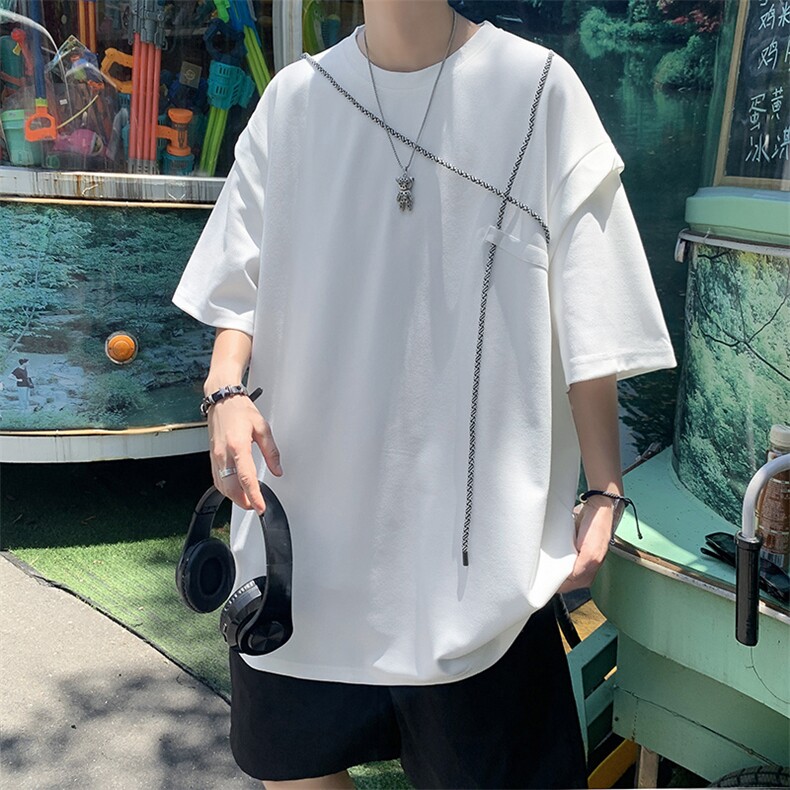 华夫格t恤男夏季小众设计感假两件短袖上衣美式潮牌宽松半袖体恤图片